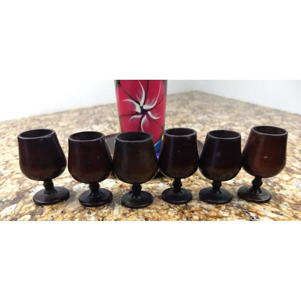 VTG Turned Wood Decanter Set w/ 6 Goblet Shot Glasses & Tray Hand Painted Floral